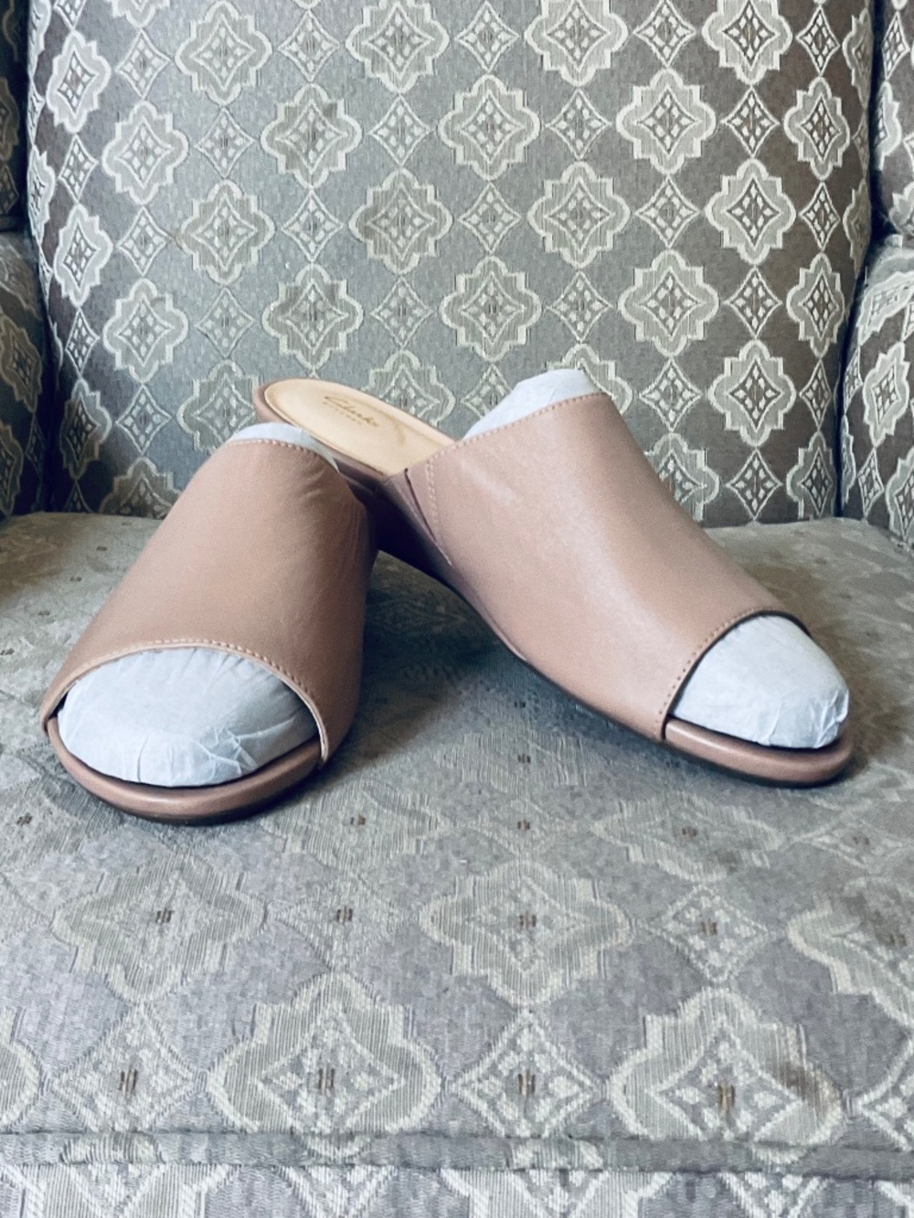 Clarks Jillian Jewel Praline Nude Leather Peep Toe Wedge Slides Size 10 - NEW